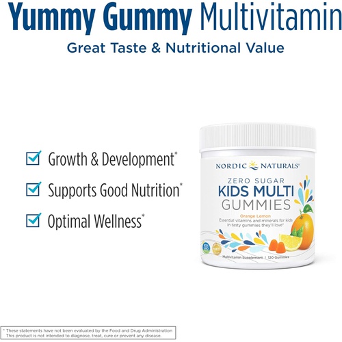  Nordic Naturals Zero Sugar Kids Multi Gummies, Orange Lemon - 120 Gummies - Great-Tasting Multivitamin for Ages 4+ - Supports Growth & Development - Non-GMO, Vegetarian - 30 Servin