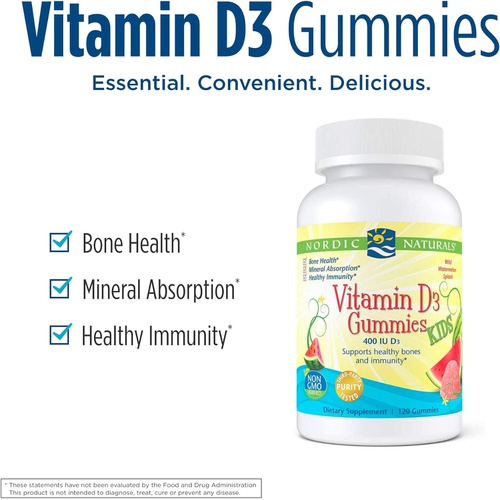  Nordic Naturals Vitamin D3 Gummies Kids, Wild Watermelon Splash - 120 Gummies - 400 IU Vitamin D3 - Bone Health, Healthy Immunity - Non-GMO, Vegetarian - 120 Servings