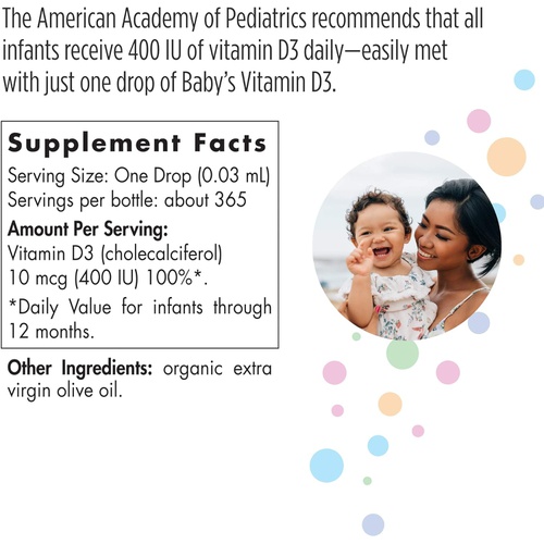  Nordic Naturals Baby’s Vitamin D3, Unflavored - 0.37 oz - 400 IU Vitamin D3 - Healthy Bones, Immune System Support, Normal Sleep Rhythms - Non-GMO, Certified Vegetarian - 365 Servi