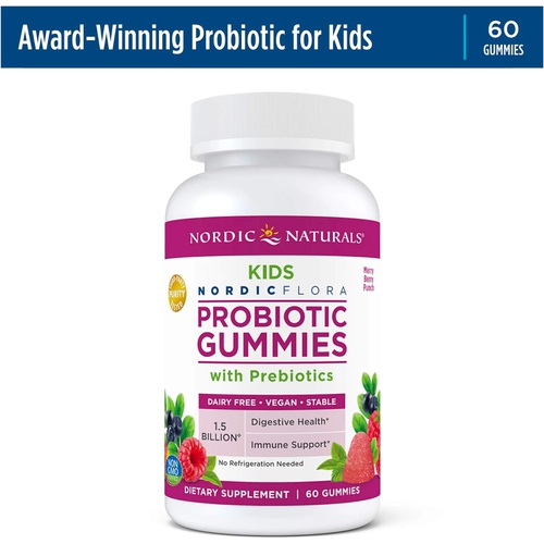  Nordic Naturals Kids Nordic Flora Probiotic Gummies, Merry Berry Punch - 60 Gummies - 1.5 Billion CFU & Prebiotic Fiber - Non-GMO, Vegan - 30 Servings