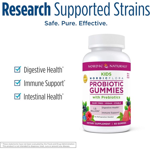  Nordic Naturals Kids Nordic Flora Probiotic Gummies, Merry Berry Punch - 60 Gummies - 1.5 Billion CFU & Prebiotic Fiber - Non-GMO, Vegan - 30 Servings