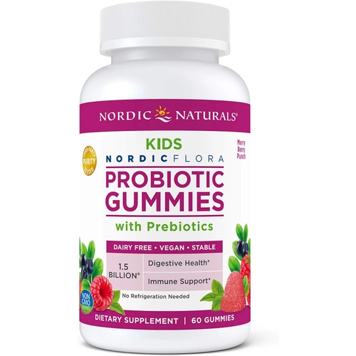  Nordic Naturals Kids Nordic Flora Probiotic Gummies, Merry Berry Punch - 60 Gummies - 1.5 Billion CFU & Prebiotic Fiber - Non-GMO, Vegan - 30 Servings