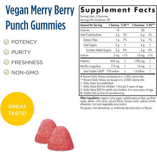  Nordic Naturals Kids Nordic Flora Probiotic Gummies, Merry Berry Punch - 60 Gummies - 1.5 Billion CFU & Prebiotic Fiber - Non-GMO, Vegan - 30 Servings