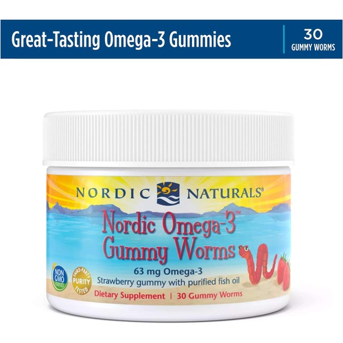  Nordic Naturals Nordic Omega-3 Gummy Worms, Strawberry - 30 Gummy Worms - 63 mg Total Omega-3s with EPA & DHA - Non-GMO - 30 Servings