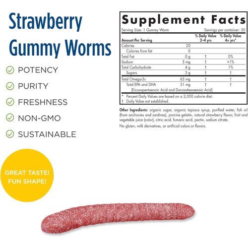  Nordic Naturals Nordic Omega-3 Gummy Worms, Strawberry - 30 Gummy Worms - 63 mg Total Omega-3s with EPA & DHA - Non-GMO - 30 Servings