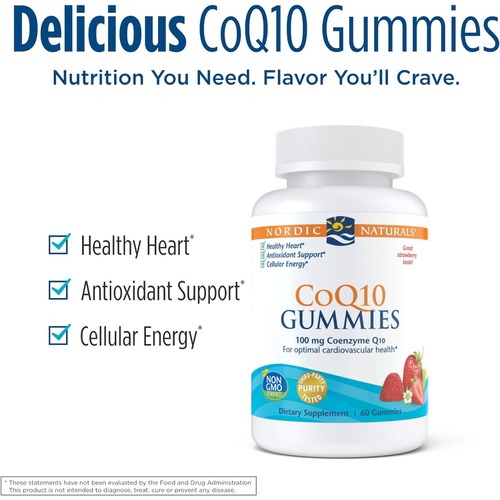  Nordic Naturals CoQ10 Gummies, Strawberry - 60 Gummies - 100 mg Coenzyme Q10 (CoQ10) - Great Taste - Heart Health, Cellular Energy Production, Antioxidant Support - Non-GMO, Vegan