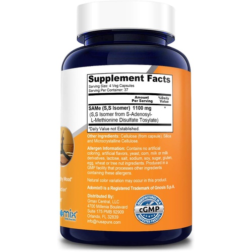  NusaPure SAM-e 1100 mg - 150 Veggie Capsules (Non-GMO & Gluten-Free ) - Same (S-Adenosyl Methionine) Extra Strength 275 mg per caps