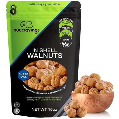  Nut Cravings Raw Walnuts In Shell - Whole, Superior to Organic, (16oz - 1 Pound) Packed Fresh in Resealble Bag - Nut Trail Mix Snack - Healthy Protien Food, All Natural, Keto Friendly, Vegan, K