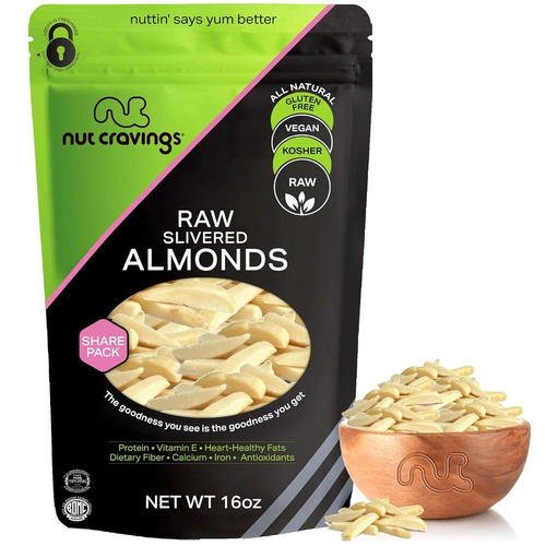  Nut Cravings Raw Slivered Almonds - Unsalted, Superior to Organic (16oz - 1 Pound) Packed Fresh in Resealble Bag - Nut Trail Mix Snack - Healthy Protien Food, All Natural, Keto Friendly, Vegan,