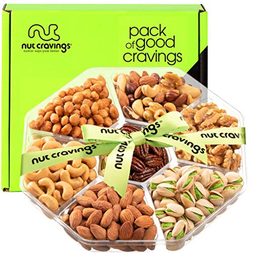  Nut Cravings Gourmet Nut Gift Basket, Green Ribbon (7 Mix Tray) - Easter Food Arrangement Platter, Care Package Variety, Prime Birthday Assortment, Healthy Kosher Snack Box for Families, Women,