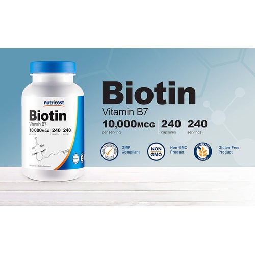  Nutricost Biotin (Vitamin B7) 10,000mcg (10mg) Vitamin Supplement, 240 Capsules - Vegetarian, Gluten Free, Quick Release, Non-GMO