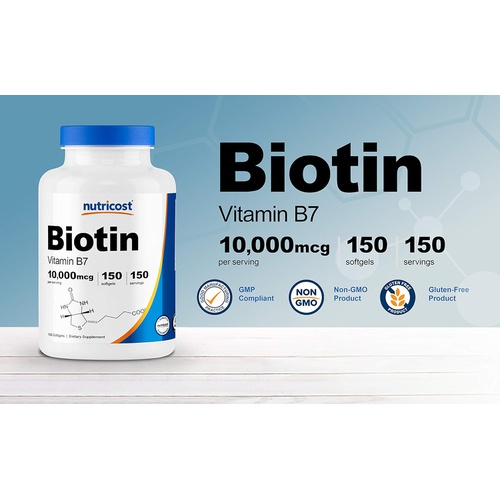  Nutricost Biotin (10,000mcg) in Coconut Oil 150 Softgels - Gluten Free, Non-GMO