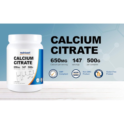  Nutricost Calcium Citrate Powder (500 Grams) (Unflavored) - Pure Calcium Citrate, No Fillers, Gluten Free (1.1lbs)