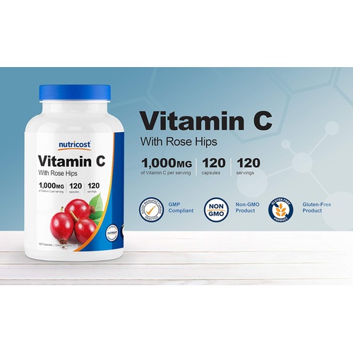  Nutricost Vitamin C with Rose Hips 1025mg, 120 Capsules - Vitamin C 1000mg, Rose Hips 25mg, Premium, Non-GMO, Gluten Free Supplement