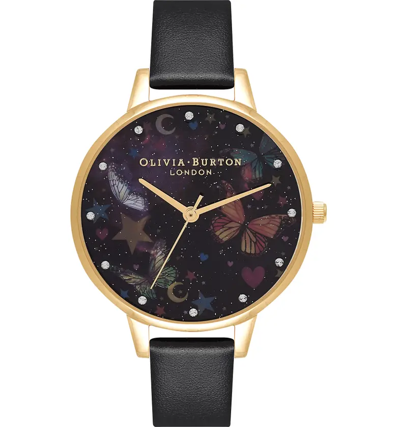 Olivia Burton Night Garden Leather Strap Watch, 30mm_Black