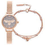 Olivia Burton Lucky Bee Mesh Strap Watch, 23mm & Double Strand Bracelet Set_ROSE GOLD/ GREY/ ROSE GOLD