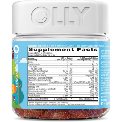  OLLY Kids Multivitamin + Probiotic Gummy, Digestive and Immune Support, Vitamins A, D, C, E, B, Zinc, Chewable Supplement, Berry, 35 Day Supply - 70 Count