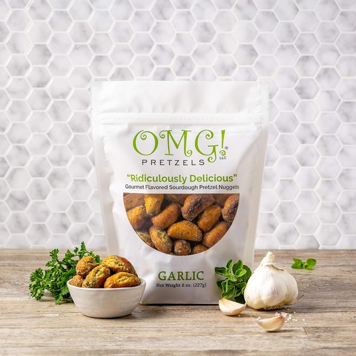  OMG! Pretzels LLC OMG! Pretzels Garlic Gourmet Seasoned Sourdough Pretzel Nuggets, 8 Ounce Bag, Pack of 2