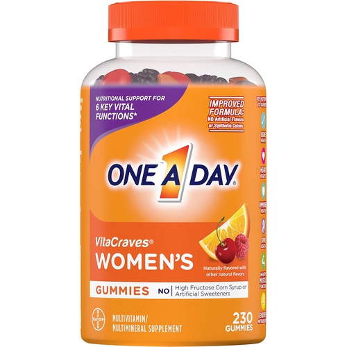  One A Day Women’s Multivitamin Gummies, Supplement with Vitamin A, Vitamin C, Vitamin D, Vitamin E and Zinc for Immune Health Support, Calcium & more, Orange, 230 count, Fruity