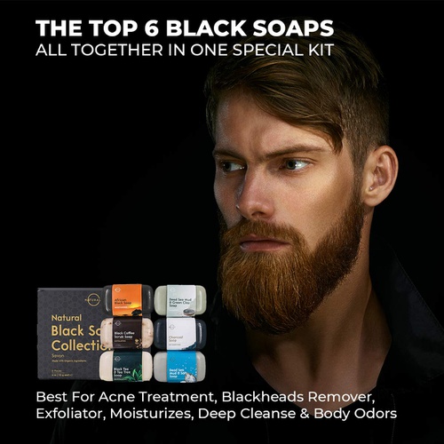  O Naturals 6-Piece Black Bar Soap Collection. 100% Natural. Organic Ingredients. Helps Acne, Helps Skin Moisturizes, Deep Cleanse, Luxurious Face Hands Body Soap Women & Men. Tripl