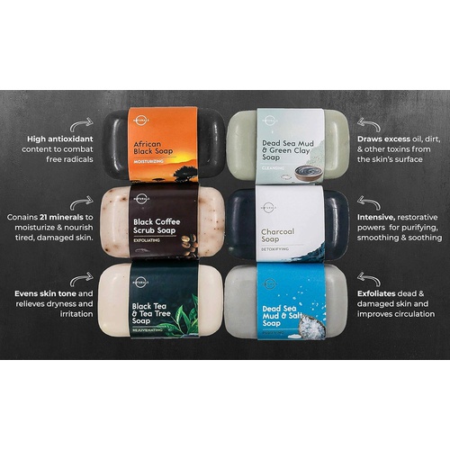  O Naturals 6-Piece Black Bar Soap Collection. 100% Natural. Organic Ingredients. Helps Acne, Helps Skin Moisturizes, Deep Cleanse, Luxurious Face Hands Body Soap Women & Men. Tripl