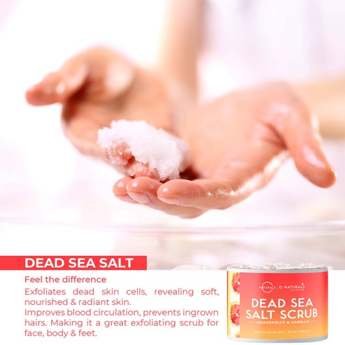  O Naturals Exfoliating Dead Sea Salt Grapefruit Essential Oil Face Body & Foot Scrub. w/ Vanilla &. Hydrating Exfoliate Dead Skin, Best Anti Cellulite Acne Ingrown Hairs Corns, Men