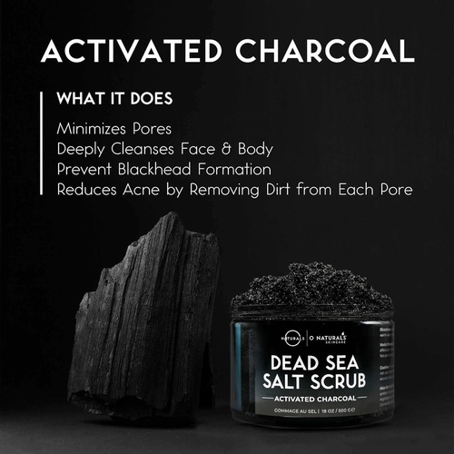  O Naturals Mens Exfoliating Activated Charcoal Dead Sea Salt Scrub, for Face Body & Foot. Anti-Aging Mens Skin Care Routine. Blackhead & Helps Acne Pore Minimizer Ultra Hydrating O