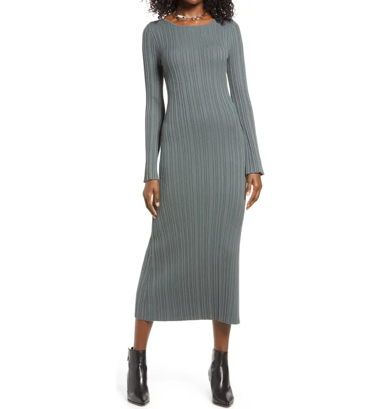 Open Edit Twist Back Ribbed Long Sleeve Midi Dress_GREEN URBAN