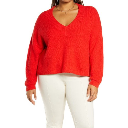  Open Edit Rib Crop V-Neck Sweater_RED BLOOM