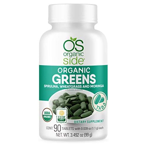  OS Organic Side Organic Greens (Spirulina, Wheatgrass & Moringa) 90 Tablets - Rich in Vitamins and Minerals - Super Greens 1100 mg - Certified USDA - Non GMO - Vegan