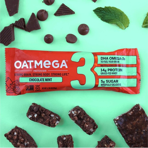  Oatmega Protein Bars, Chocolate Mint, Healthy Snacks Made with Omega-3 and Grass-Fed Whey Protein, Gluten Free Protein Bars, 1.8oz (12 Count)