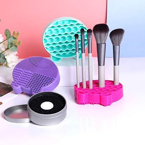  Oberhoffe Silicone Makeup Brush Cleaner Mat, 2 in 1Brush Cleaning Mat,Brush Cleaner Pad with Brushes Drying Holder, Brush Scrubber Mat Portable Washing Tool with Removal Sponge Dry Makeup (R