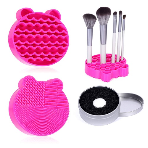  Oberhoffe Silicone Makeup Brush Cleaner Mat, 2 in 1Brush Cleaning Mat,Brush Cleaner Pad with Brushes Drying Holder, Brush Scrubber Mat Portable Washing Tool with Removal Sponge Dry Makeup (R