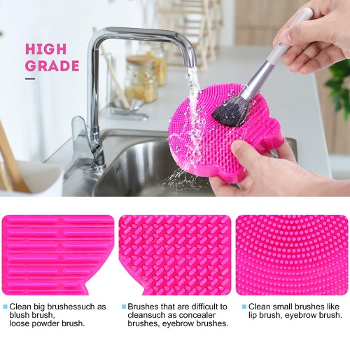  Oberhoffe Silicone Makeup Brush Cleaner Mat, 2 in 1Brush Cleaning Mat,Brush Cleaner Pad with Brushes Drying Holder, Brush Scrubber Mat Portable Washing Tool with Removal Sponge Dry Makeup (R