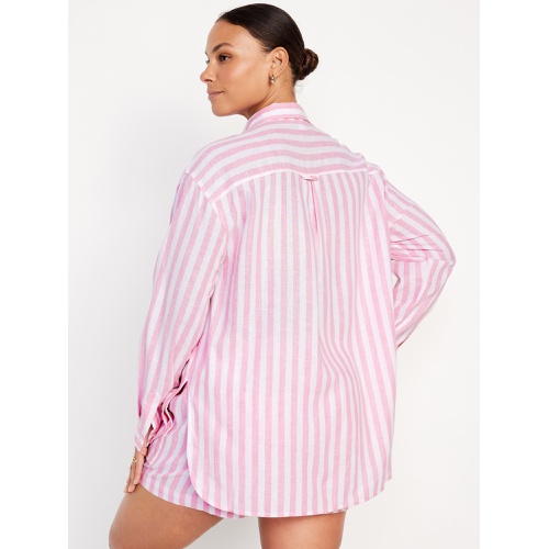 올드네이비 Linen-Blend Striped Boyfriend Shirt