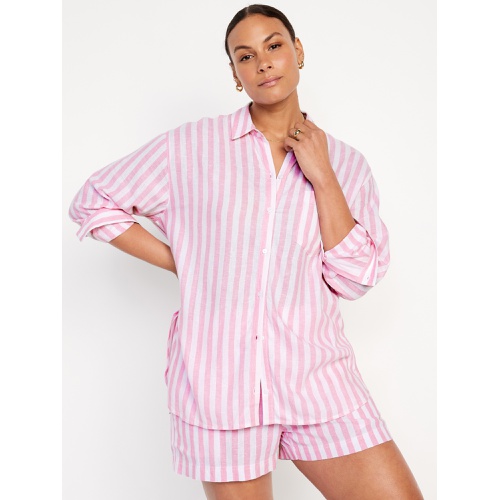 올드네이비 Linen-Blend Striped Boyfriend Shirt