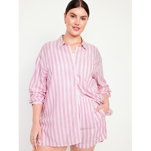 올드네이비 Linen-Blend Striped Boyfriend Shirt