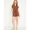 Waist-Defined Crinkle Gauze Romper -- 3-inch inseam