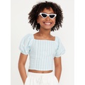 Short Puff-Sleeve Linen-Blend Top for Girls