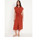 Waist-Defined Utility Midi Shirt Dress