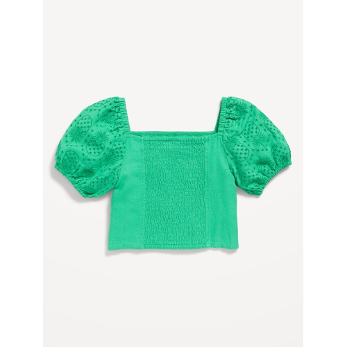 올드네이비 Short Puff-Sleeve Eyelet Linen-Blend Top for Girls