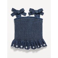 Sleeveless Bow-Tie Smocked Jean Top for Toddler Girls