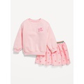 Crew-Neck Graphic Sweatshirt and Tulle Skirt Set for Toddler Girls