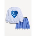 Crew-Neck Graphic Sweatshirt and Tulle Skirt Set for Toddler Girls