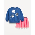 Crew-Neck Graphic Sweatshirt and Tulle Skirt Set for Toddler Girls