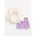 Crew-Neck Graphic Sweatshirt and Tulle Skirt Set for Toddler Girls