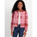 Cropped Long-Sleeve Plaid Pocket Flannel Shirt for Girls Hot Deal