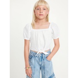 Puff-Sleeve Double-Weave Tie-Knot Top for Girls