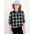 Cropped Long-Sleeve Plaid Pocket Flannel Shirt for Girls Hot Deal