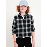 Cropped Long-Sleeve Plaid Pocket Flannel Shirt for Girls